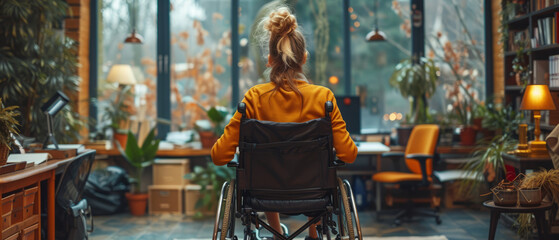 Rear view. A woman on wheelchair working in an office, colleagues, generative ai