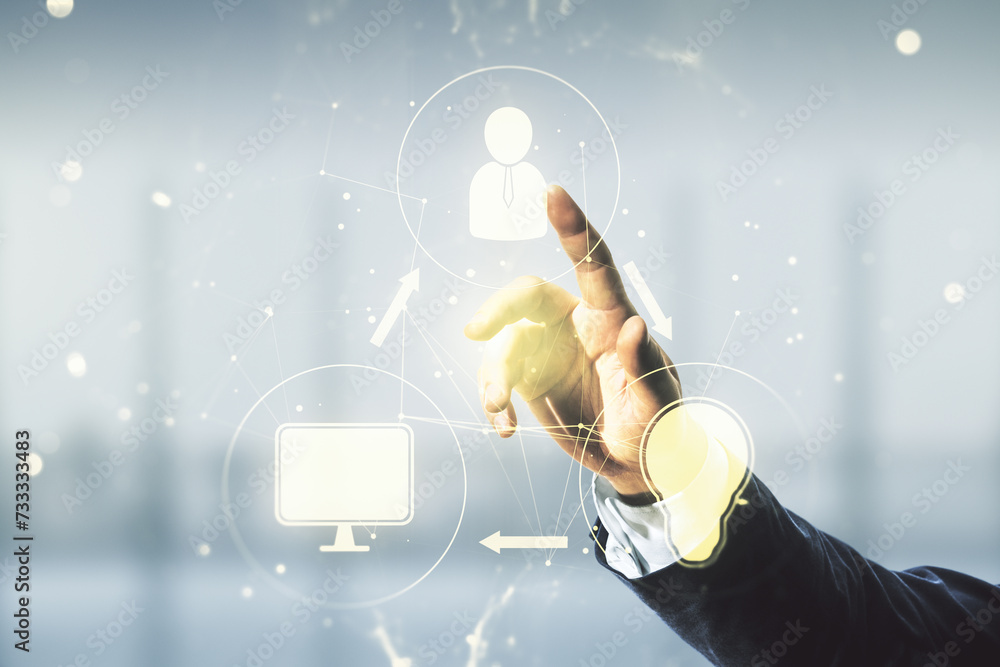 Poster double exposure of businessman hand working with social network icons on blurred office background. 