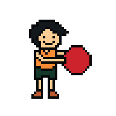 Cute pixel cartoon 8bit character man exercises with ball gym training alone lifestyle vector for decoration life style 8 bit male boy exercise hold ball gym fitness warm up game vector.