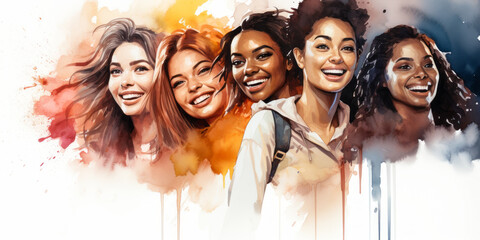 Watercolor representation of diverse women celebrating International Women's Day with vibrant splashes