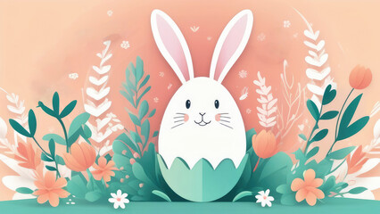 Illustration of an egg with a bunny face and ears, surrounding greenery and flowers in pastel colors. Advertising banner concept, invitations for Easter, Spring Day. Copy space