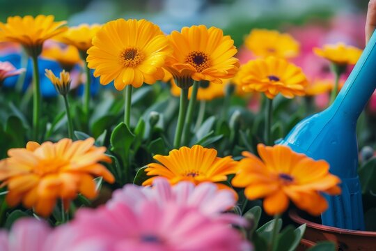 Vibrant petals dance in the sunlight, as a group of calendula and chrysanths burst with color, brightening up the outdoor landscape with shades of yellow and orange