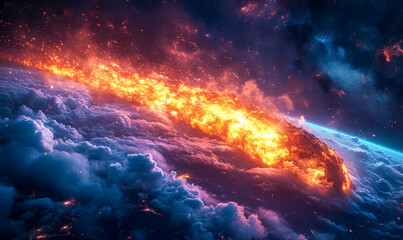Fototapeta premium Cataclysmic meteor rushing towards Earth, a fiery descent through the atmosphere, depicting space disaster or apocalyptic celestial event