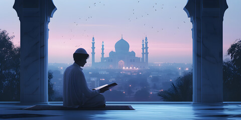 Muslim man holding Quran with view of mosque and Eid ul Adha Mubarak day background illustration, suitable for religious and cultural events