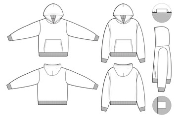 cropped hoodie sweatshirt flat technical drawing illustration mock-up template for design and tech packs men or unisex fashion CAD streetwear slim fit