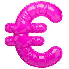 EUR. Euro icon. European currency sign in the shape of a balloon, isolated on a transparent background. An inflatable balloon of bright pink color with a glossy texture.
