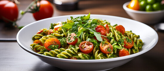 Photo of  Fusilli Pesto Pasta Salad as a dish in a high-end restaurant cherry tomatoes on a dark background a plate of golden spelt pasta garnished with green pesto.