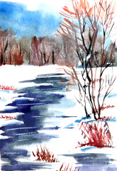 winter snowy landscape with trees and river, watercolor painting