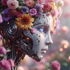 Close Up Portrait of Artificial intelligence Futuristic Fairy Tale: Flower Encounter with a Cyborg
