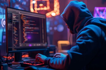 A tech-savvy individual, shrouded in a hoodie, intently taps away at their keyboard while surrounded by electronic devices and a pulsing computer monitor, creating a symphony of sound and pixels - obrazy, fototapety, plakaty