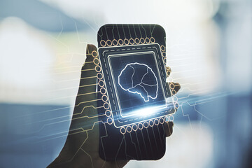 Double exposure of creative artificial Intelligence symbol and hand with cell phone on background....