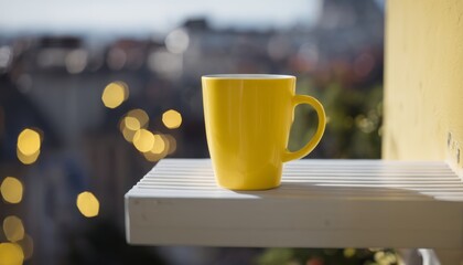 Fototapeta premium A yellow coffee mug sits on a white bench