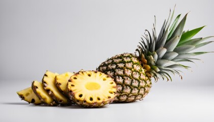 A pineapple cut into slices on a white background
