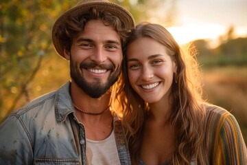 Naklejka premium Amidst the vibrant colors of autumn, a man and woman radiate pure joy as they pose for a picture, their smiling faces framed by a lush tree and their love captured in a single moment