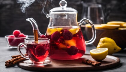 A glass of raspberry tea with a lemon wedge on the side