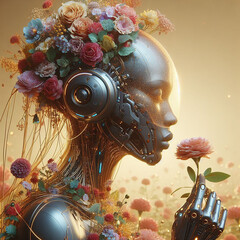 Close Up Portrait of Artificial intelligence Golden Threads of the Future: A Cyborg's Snow Garden
