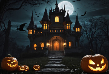 Fototapeta na wymiar Halloween night background. Halloween pumpkins and candles light on a spooky and scary night. Horror scene of Halloween pompkin at castle in the forest. Halloween day background.
