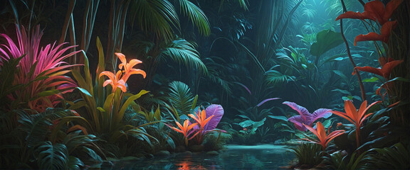 Vibrant Jungle Plants Illuminated by Neon Lights - Magical and Enchanting Fantasy Scene
