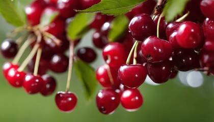 A bunch of red cherries on a tree