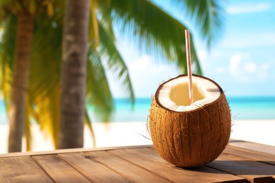 Sip into tropical paradise with this fresh coconut drink against a serene beach