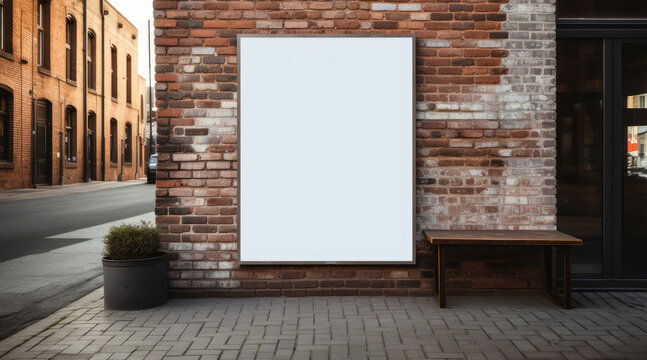 Fototapeta Blank, empty, white billboard on a red brick wall. Concept of mock-up, banner, advertising, advertisement, ad, copy space for logo, message, text