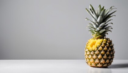 A pineapple is sitting on a white table