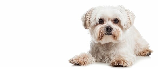 White Shih Tzu dog with skin issues, including hair loss and discolored skin, seen against a white background.