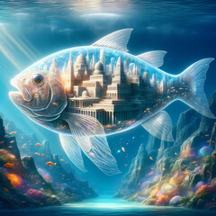 A fantastical depiction of Atlantis, nestled within the clear body of a majestic fish. The image should convey a sense of wonder and fantasy