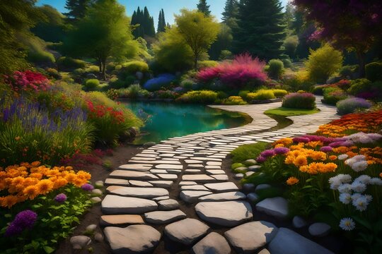A lakeside picture with a rustic stone pathway going through a garden of beautiful flowers and leading to a serene water's edge.