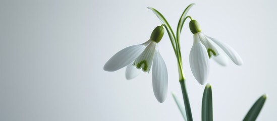 Two snowdrop flowers, recently bloomed, set against a white backdrop.
