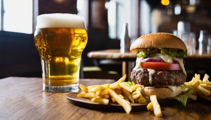 A burger and fries on a table next to a glass of beer - obrazy, fototapety, plakaty