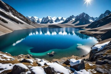 A remote alpine lake, nestled among snow-capped peaks, with a clear blue sky overhead and a sense of untouched wilderness 