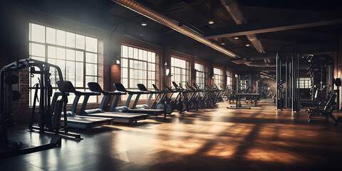 Interior of modern gym with rows of treadmills. Mixed media