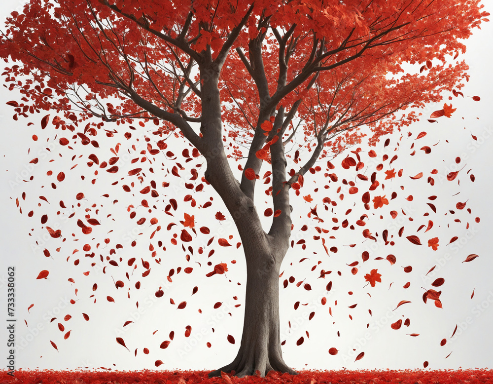 Poster alone autumn tree with red falling leaves, isolated png object on transparent background
