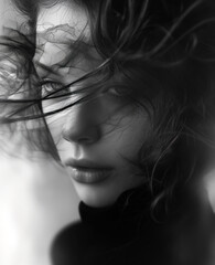 Naklejka premium Black and white portrait of a young girl in smoke and fog close-up
