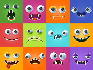 Funny 3d monsters faces. Scary facial expressions, monster mouths and teeth with cartoon eyes vector illustration set