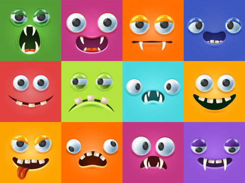 Funny 3d monsters faces. Scary facial expressions, monster mouths and teeth with cartoon eyes vector illustration set