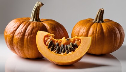 Two pumpkins with one cut in half to reveal seeds