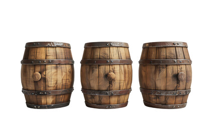 Fototapeta premium three wooden barrels are lined up in a row on transparent background