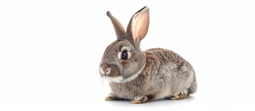 Cute gray bunny with long ears sits on the floor, isolated on a white background.