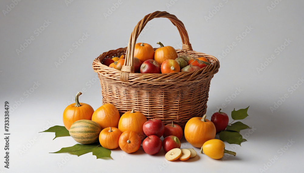 Poster autumn harvest wicker basket - isolated png object with shadow on transparent background