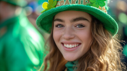 portrait of beautiful woman on green background, happy st.patricks day, ai

