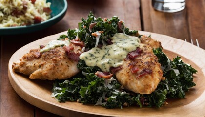 A plate of food with chicken and greens