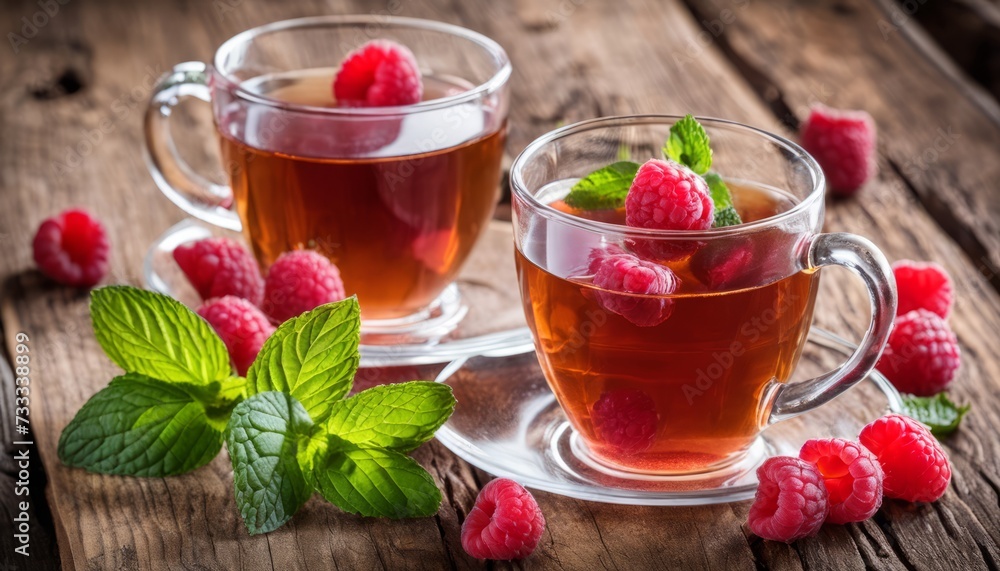 Poster Two cups of tea with raspberries and mint leaves