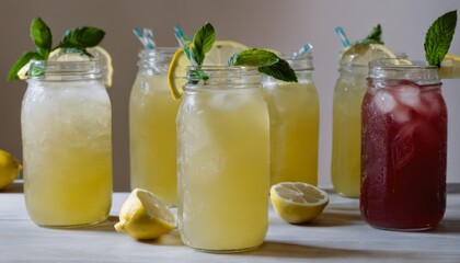 Four glass jars with lemonade and lemon slices