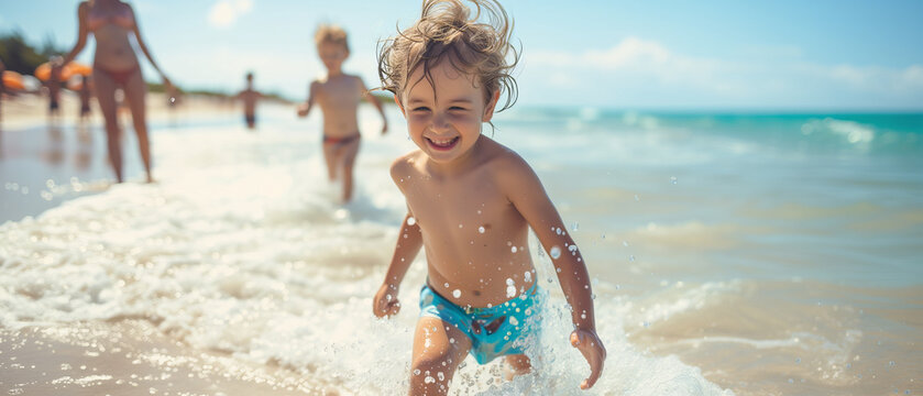 Joyful Summer Days: Young Child Playing in the Surf, Family Enjoying the Beach Background