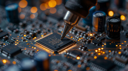Electronic technician holding tweezers and assemblin a circuit board ,generative ai - obrazy, fototapety, plakaty