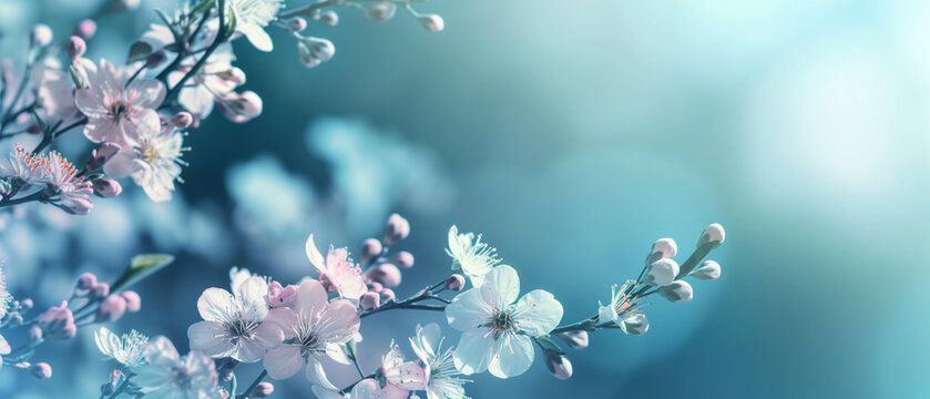 Serene Spring Awakening: Softly Lit Cherry Blossoms Against a Tranquil Blue Sky
