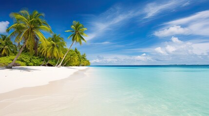 Travel banner on summer.	beautiful beach. Idyllic sandy beach with clear turquoise ocean and palms. 