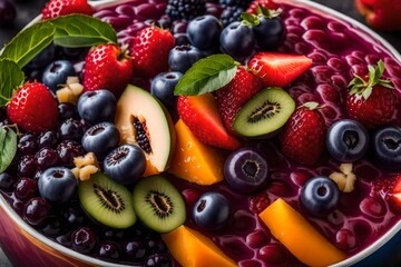 A close-up of a colourful and lively acai bowl with fresh fruit toppings